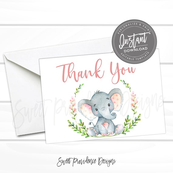 Pink Elephant Thank You Card, Safari Floral Thank You Card, Editable Baby Shower thank you, Girl Elephant Invite, , Instant Access Il_570xn