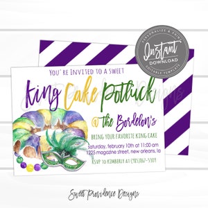 May include: A Mardi Gras-themed invitation with a watercolor illustration of a king cake, mask, and beads. The invitation text reads "King Cake Potluck" and includes event details. The background features purple and white stripes.