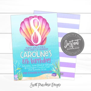 May include: A blue and pink birthday invitation with a seashell and the number 8. The text reads "Please join us for a pool party to celebrate Caroline's 8th birthday. Saturday, June 22nd at 1:00 pm @Covington Country Club 259 Summer Drive RSVP to Danielle at (985)867-5309 Sweet Providence Designs"