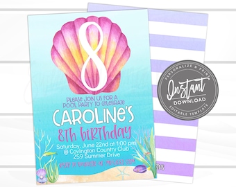 Under the Sea Birthday Invitation, Let's Shellebrate Invitation, Girl Birthday Invite, Editable Nautical Birthday Template, Instant Access,