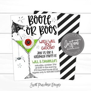 May include: Halloween party invitation with a martini glass design. The invitation features the text "Boore or Boos" and "Witch will you choose?" with party details. The background is white with a black and white striped pattern.