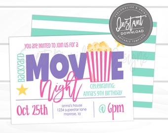 May include: A printable invitation for a backyard movie night party. The invitation features a purple and pink "Movie Night" text with a cartoon popcorn bucket. The text reads "You are invited to join us for a Backyard Movie Night celebrating Anna's 9th Birthday. Oct 25th @ 6pm. Anna's house 1234 superstar lane monroe, la. Sweet Providence Designs."