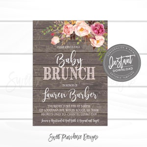 Rustic Baby Brunch Invitation, Pink Floral Watercolor Baby Brunch invitation, Editable  Invitation, , Instant Access