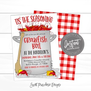 May include: An invitation to a crawfish boil at the Bordelon's. The invitation features a cartoon illustration of a pot of crawfish with the text "Tis' the Seasoning" and "Crawfish Boil". The invitation includes the date, time, and location of the event. The text "RSVP to Danielle at (225)867-5309" is also included.