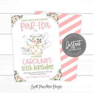 Tea Birthday Party Invitation, kids Birthday Par-Tea Invite, Pink Floral Birthday Tea Party, Editable Template, ANY Age, INSTANT ACCESS image 1
