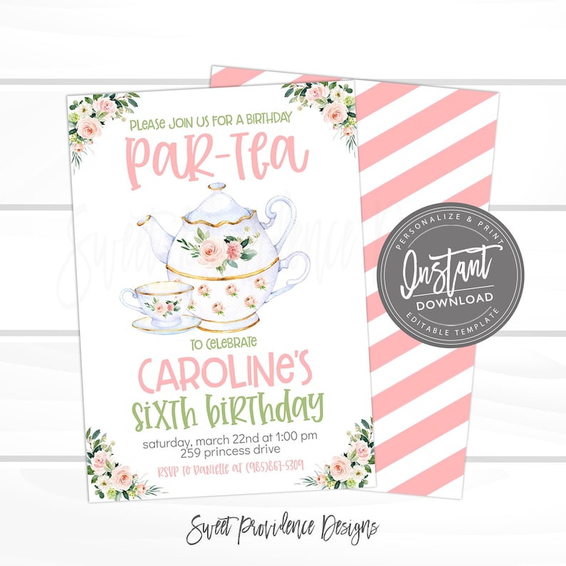 Tea Birthday Party Invitation Kids Birthday Partea Invite Etsy