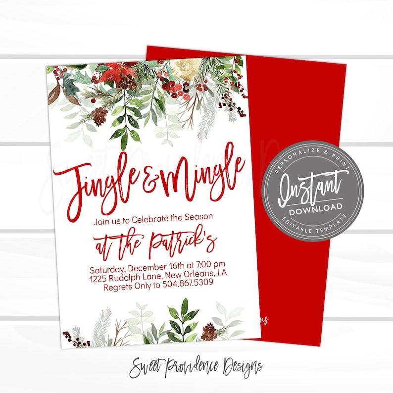 Op de afbeelding: Een kerstuitnodiging met de woorden "Jingle & Mingle" in rood script. De uitnodiging toont aquarel groen en rode accenten. Bevat evenementdetails: datum, tijd en locatie. Een rode envelop is zichtbaar.