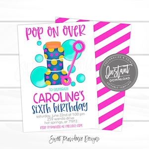 Summer Birthday Invitation, Girl Bubbles Birthday Invitation, Pop on Over, Any Age, Editable Birthday Invitation,EDIT NOW, Instant Access