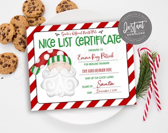 May include: A Christmas-themed "Nice List Certificate" featuring a Santa Claus design, red and white striped border, and editable text fields. Chocolate chip cookies and candy canes are also present.