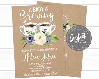 Baby is Brewing Shower Invitation, Coffee, Tea, Baby boy Invite, Editable Kraft Baby Shower invitation template,  Instant Access