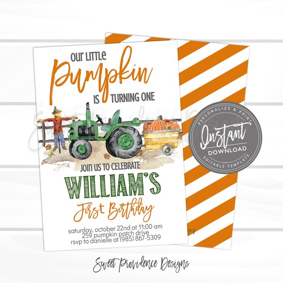 Pumpkin Birthday Invitation, Pumpkin, Green Tractor, Pumpkin Patch, Fall Invitation, Editable Birthday Invitation Template, Instant Download Il_570xn