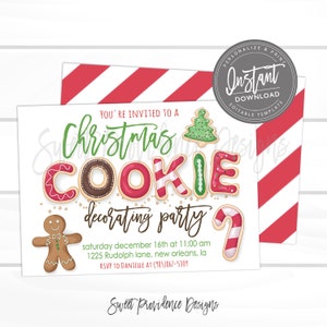 May include: A Christmas cookie decorating party invitation with a white background and red and white striped accents. The invitation features the words "Christmas Cookie Decorating Party" in a playful font, along with a gingerbread man and candy cane illustration.