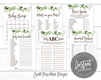 Baby Shower Games Party Pack, Greenery Shower Games, EDITABLE Printable baby game, Bingo, Animal Baby, , Instant Access