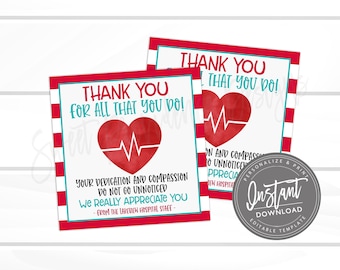 May include: Two printable thank you cards with a red and white striped background. The cards feature a red heart with a white EKG line and the text "Thank you for all that you do!" and "Your dedication and compassion do not go unnoticed. We really appreciate you - From the Lakeview Hospital Staff."