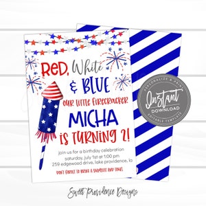May include: Red, white, and blue birthday party invitation with a firework illustration and the text "Our little firecracker Micha is turning 2!"  Join us for a birthday celebration Saturday, July 1st at 1:00 PM. 259 Edgewood Drive, Lake Providence, LA. Don't forget to bring a swimsuit and towel.