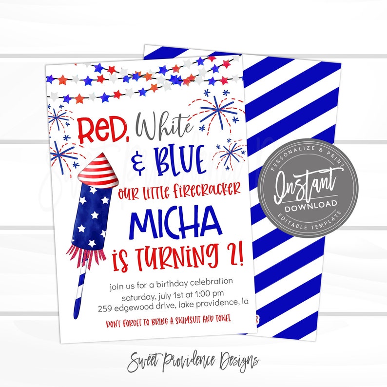 May include: Red, white, and blue birthday party invitation with a firework illustration and the text "Our little firecracker Micha is turning 2!"  Join us for a birthday celebration Saturday, July 1st at 1:00 PM. 259 Edgewood Drive, Lake Providence, LA. Don't forget to bring a swimsuit and towel.