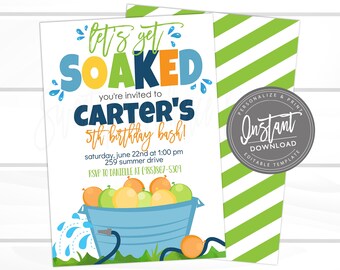 May include: A blue and green invitation for a water balloon fight themed birthday party. The invitation says "Let's get soaked! You're invited to Carter's 5th birthday bash!" with a cartoon illustration of a bucket full of water balloons.