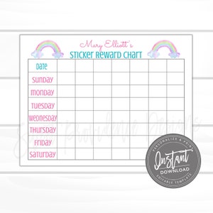 Editable Kids Sticker Reward Chart, Customizable Sticker Chart, Girl Behavior Chart, Rainbow Sticker Chart, Printable Instant Download
