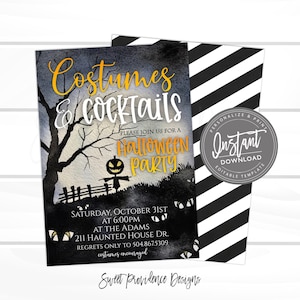 May include: Halloween party invitation with a watercolor design. The invitation features the words "Costumes & Cocktails" and "Halloween Party" in a mix of fonts. The design includes a spooky tree, a scarecrow, and a black and white striped pattern.