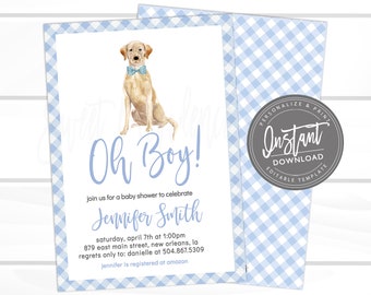 Dog Baby Shower Invitation, Oh Boy Invitation, Editable Birthday invite, Blue Boy Gingham Dog Invitation, Lab Puppy Dog, Instant Access