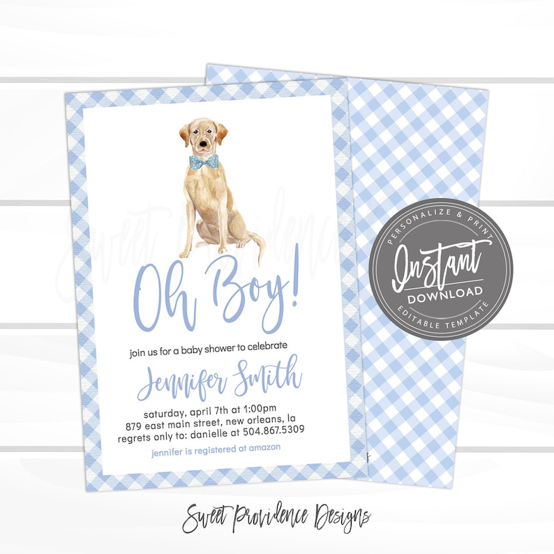 May include: A baby shower invitation with a blue and white gingham pattern. The invitation features a watercolor illustration of a golden retriever wearing a blue bow tie. The text on the invitation reads "Oh Boy!" and includes the name "Jennifer Smith" and details for the baby shower.