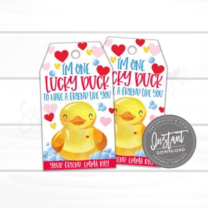 May include: Two printable Valentine's Day gift tags featuring a yellow rubber duck with the text "I'm one lucky duck to have a friend like you". The tags are decorated with red, pink, and blue hearts.