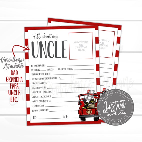 EDITABLE Fathers day questionnaire, All about Daddy, Survey questions for kids, Fathers Day Survey, Father's Day Gift, Uncle Fireman Present Il_570xn