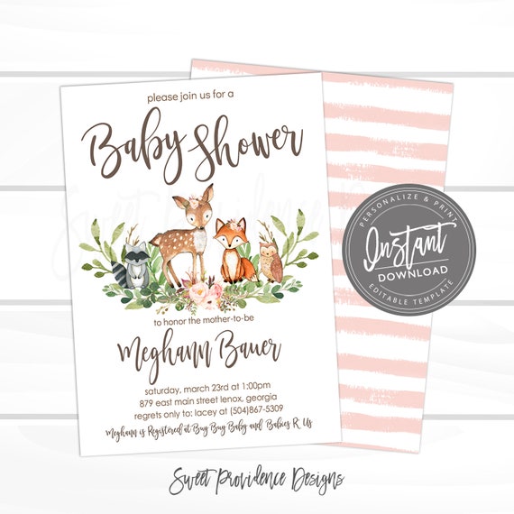 Floral Woodland Animal Invitation, Baby Shower Invitation, Editable Baby Shower invitation, Pink Girl Baby Shower Invite, Instant Access Il_570xn