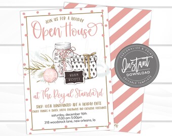 Christmas Flyer, Editable Ornament Open House Holiday Boutique Invite, Business shopping flyer, Open House template Instant Download