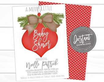 Christmas Baby Shower Invitation Kit, Red Ornament Baby Shower, Editable Baby Shower invite, Holiday, Printable Template, Instant Download