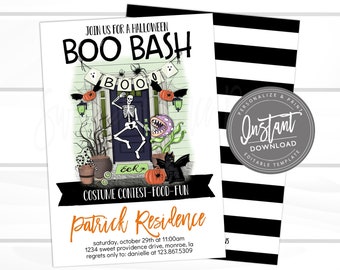 Invitación a la fiesta de Halloween, invitación a Boo Bash, Boos y Booze EDITABLES Invitaciones de calabaza imprimibles para fiestas de disfraces, acceso instantáneo -Editar ahora