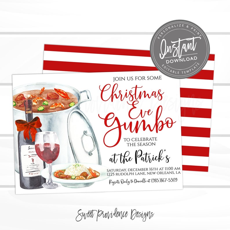 Puede incluir: Una invitaci&oacute;n a un gumbo de Nochebuena con una ilustraci&oacute;n de acuarela de una olla de gumbo, una botella de vino y una copa de vino tinto. El texto dice "&Uacute;nete a nosotros para un gumbo de Nochebuena para celebrar la temporada en los Patrick's S&aacute;bado, 16 de diciembre a las 11:00 AM 1225 Rudolph Lane, Nueva Orleans, LA Confirmaciones a Danielle al (985) 867-5309 Sweet Providence Designs".
