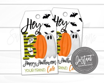 Halloween Gift Tag Favor Tags, Personalized Halloween Tags, Halloween Printable,  Hey Boo Favor Tags, EDITABLE INSTANT DOWNLOAD