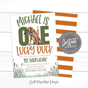 May include: A green and brown invitation for a first birthday party with a cartoon illustration of a dog holding a duck. The text reads "Michael is One Lucky Duck 1st Birthday".
