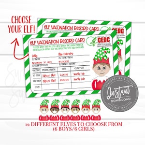 May include: A digital Christmas-themed design featuring elf vaccination record cards and elf face graphics. The cards have a green and white striped border and include fields for vaccine information. The image also includes the text "Choose Your Elf!" and "12 Different Elves to Choose From".