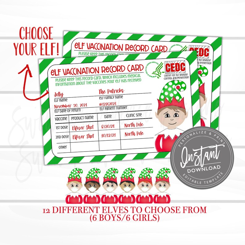 May include: A digital Christmas-themed design featuring elf vaccination record cards and elf face graphics. The cards have a green and white striped border and include fields for vaccine information. The image also includes the text "Choose Your Elf!" and "12 Different Elves to Choose From".