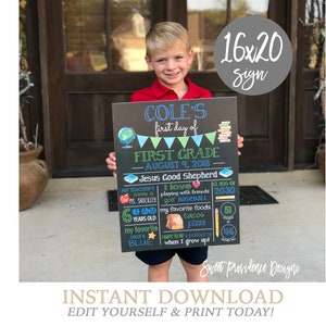 May include: A chalkboard sign with the text "COLE'S first day of FIRST GRADE - AUGUST 9, 2018" and other details about the child's first day of school, including their teacher's name, age, favorite foods, and favorite color. The sign is held by a young boy wearing a red shirt and black shorts.