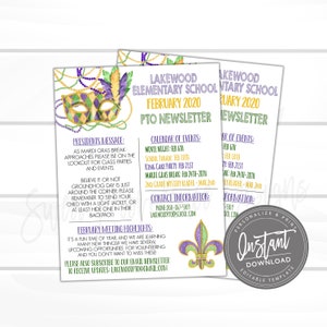 Pode incluir: Um boletim informativo imprim&iacute;vel com tema Mardi Gras para a Escola Prim&aacute;ria Lakewood. O boletim inclui uma mensagem do presidente, um calend&aacute;rio de eventos, informa&ccedil;&otilde;es de contato e destaques das reuni&otilde;es de fevereiro. O boletim apresenta uma m&aacute;scara de Mardi Gras roxa, verde e dourada com contas e penas.
