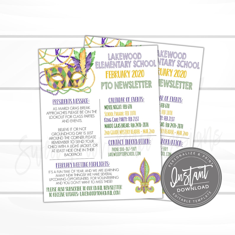 Pode incluir: Um boletim informativo imprim&iacute;vel com tema Mardi Gras para a Escola Prim&aacute;ria Lakewood. O boletim inclui uma mensagem do presidente, um calend&aacute;rio de eventos, informa&ccedil;&otilde;es de contato e destaques das reuni&otilde;es de fevereiro. O boletim apresenta uma m&aacute;scara de Mardi Gras roxa, verde e dourada com contas e penas.