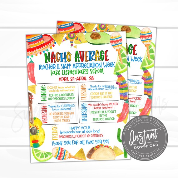 EDITABLE Teacher Appreciation Week Itinerary, Printable Digital File ...