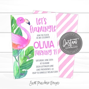 May include: Pink flamingo birthday invitation with green leaves and the text "Let's flamingle Olivia turning 2!"  The invitation includes the date, time, and location of the party.