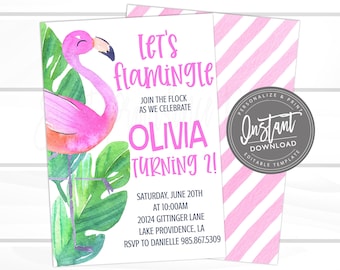 May include: Pink flamingo birthday invitation with green leaves and the text "Let's flamingle Olivia turning 2!"  The invitation includes the date, time, and location of the party.