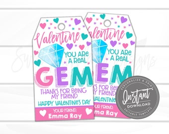 Valentine Favor Tags, Printable, You are a Real Gem, Valentine Diamond Party Favor Tags, Editable Gift Tag, template INSTANT ACCESS