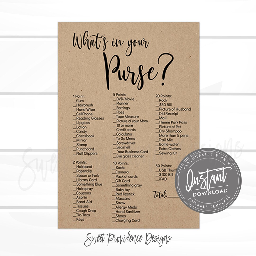 Printable Rustic Baby Shower What's in Your Purse Game, Printable Kraft ...