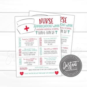 EDITABLE Nurse Appreciation Week Itinerary Poster, Printable Digital File, National Nurses Week Schedule Events Medical Staff Instant Access