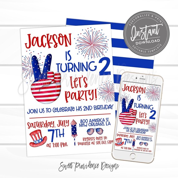 4th of July Birthday Party Invitation, Second Birthday, Editable Patriotic Red white blue two Fireworks Invite, printable Instant Access Il_570xn