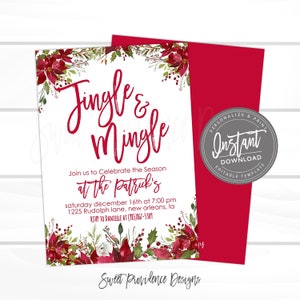 May include: A Christmas invitation with the words "Jingle & Mingle" in red script. The invitation includes details for a holiday party, with floral accents of red poinsettias and greenery. A red envelope is visible.