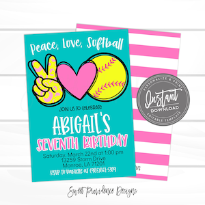 Softball birthday Invitation, Editable Girl Sports Birthday Party Invite, Peace Love Softball, team pool party, Printable Instant Access