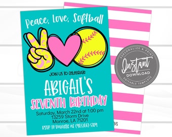 Softball birthday Invitation, Editable Girl Sports Birthday Party Invite, Peace Love Softball, team pool party, Printable Instant Access