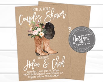 May include: A rustic brown invitation with a floral design featuring cowboy boots and a hat. The text reads "Join us for a Couples Shower to celebrate Helen & Chad. Saturday, June 29th at 7:00pm, 9800 Highland Road, New Orleans, LA. Regrets only to: 504.867.5309. Sweet Providence Designs."